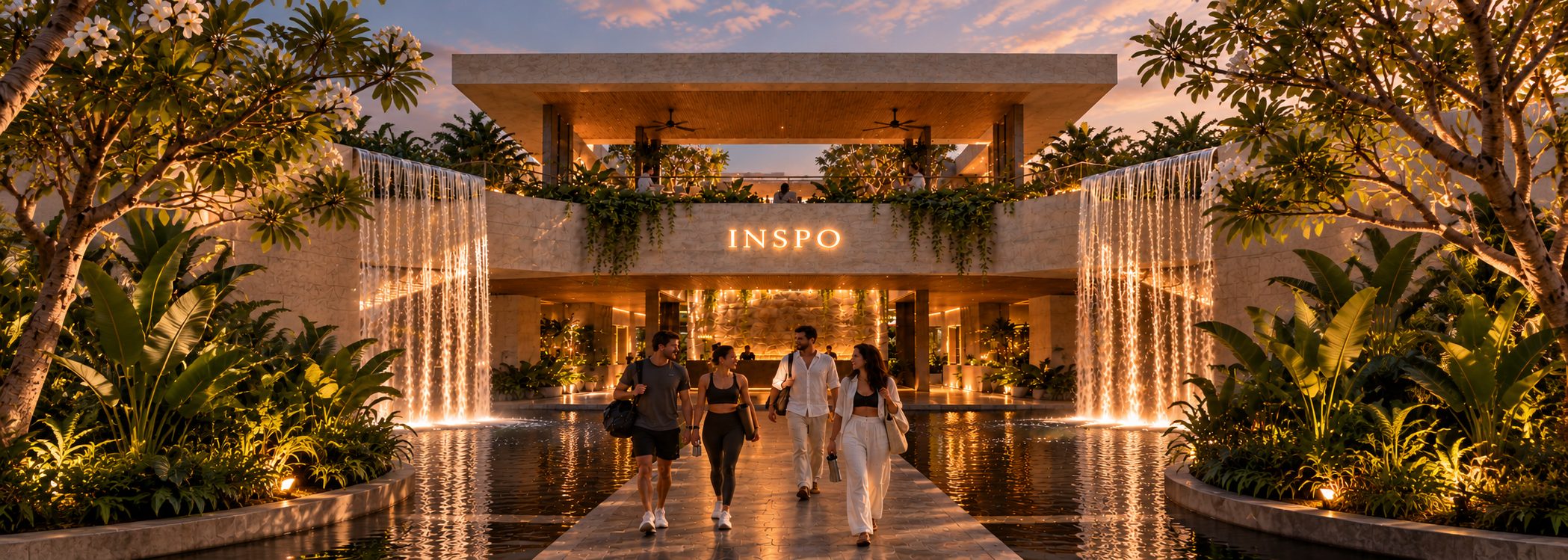 Concept render of the future INSPO venue: a stone entrance pavilion between two waterfalls, with people walking in across a reflecting pool at sunset.